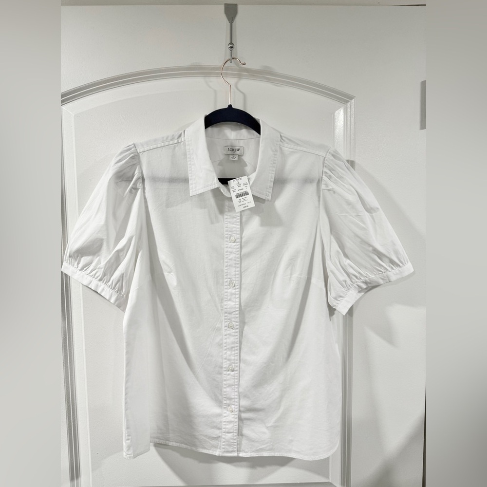J.Crew Factory Puff Sleeve Button-Down Shirt Women L White Collared Cotton Blend - Picture 6 of 10